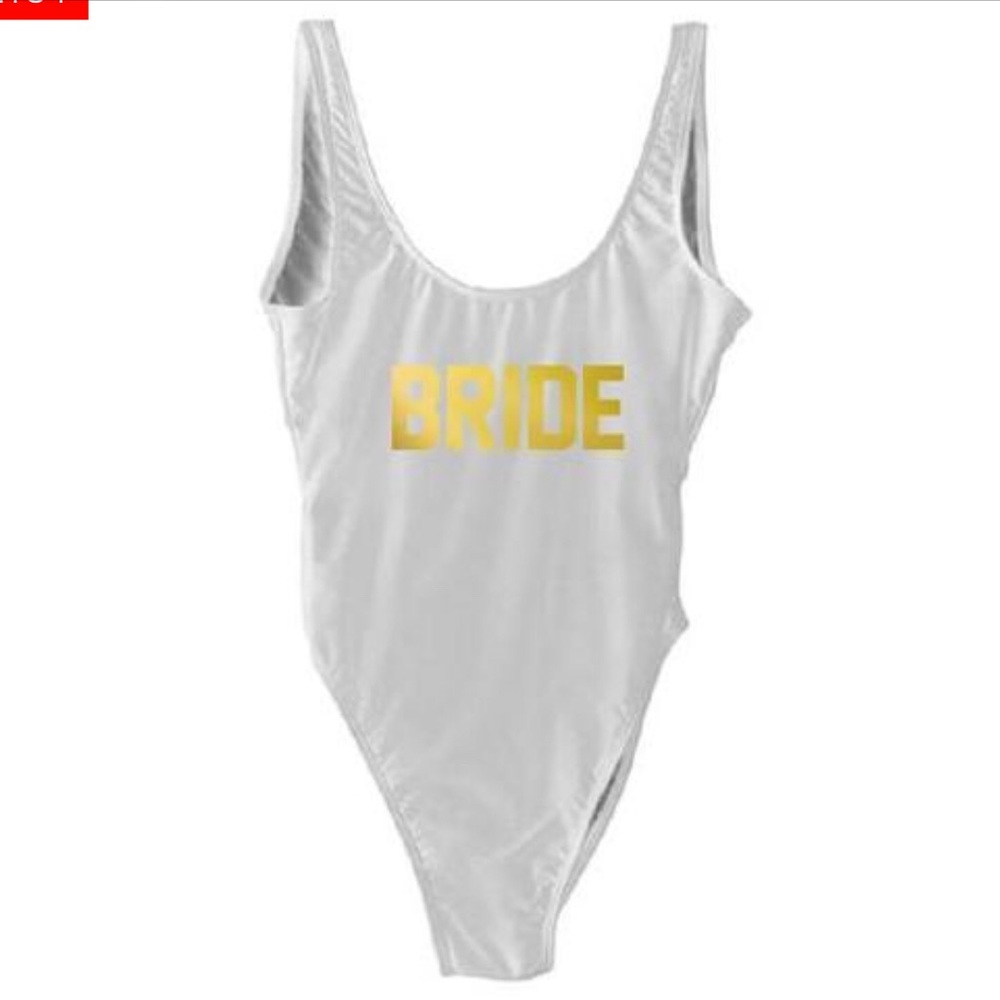 White Bride one piece w/ gold writing.  S/M